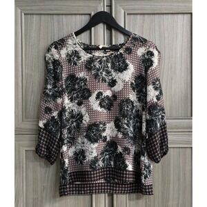 Catos Womans Brown Black White Floral 3/4 Slit Sleeves Top Sz Small